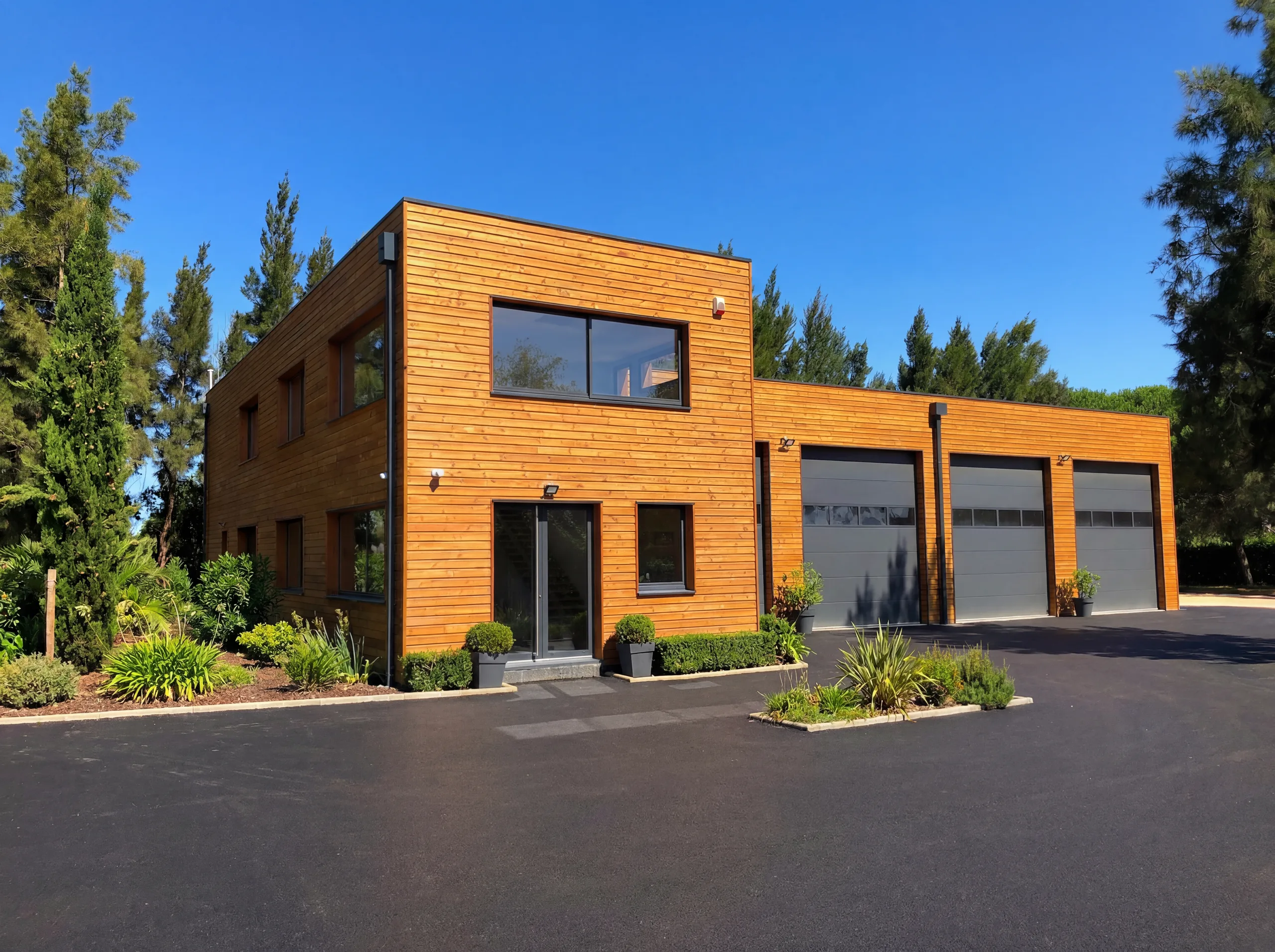 Bâtiment professionnel ossature bois avec garage, Réalisation dans le 66